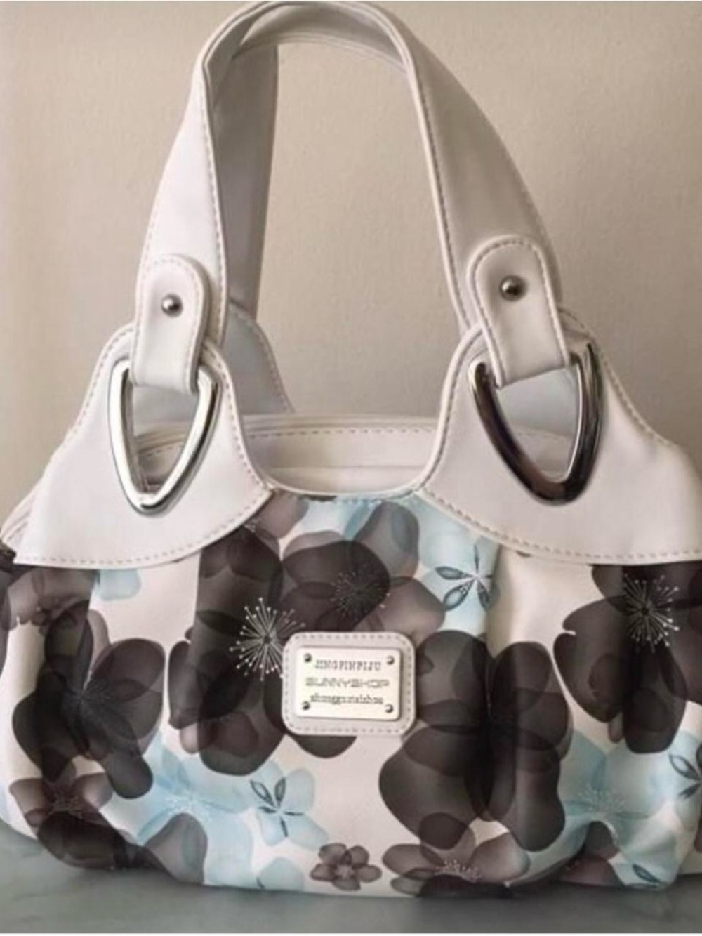 Blue & White Floral Shoulder Bag with Silver Accents